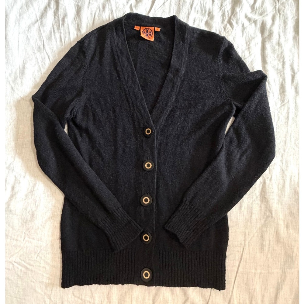 Tory Burch Cardigan Linen Cotton Women Small Black V-Neck Logo Button Sweater